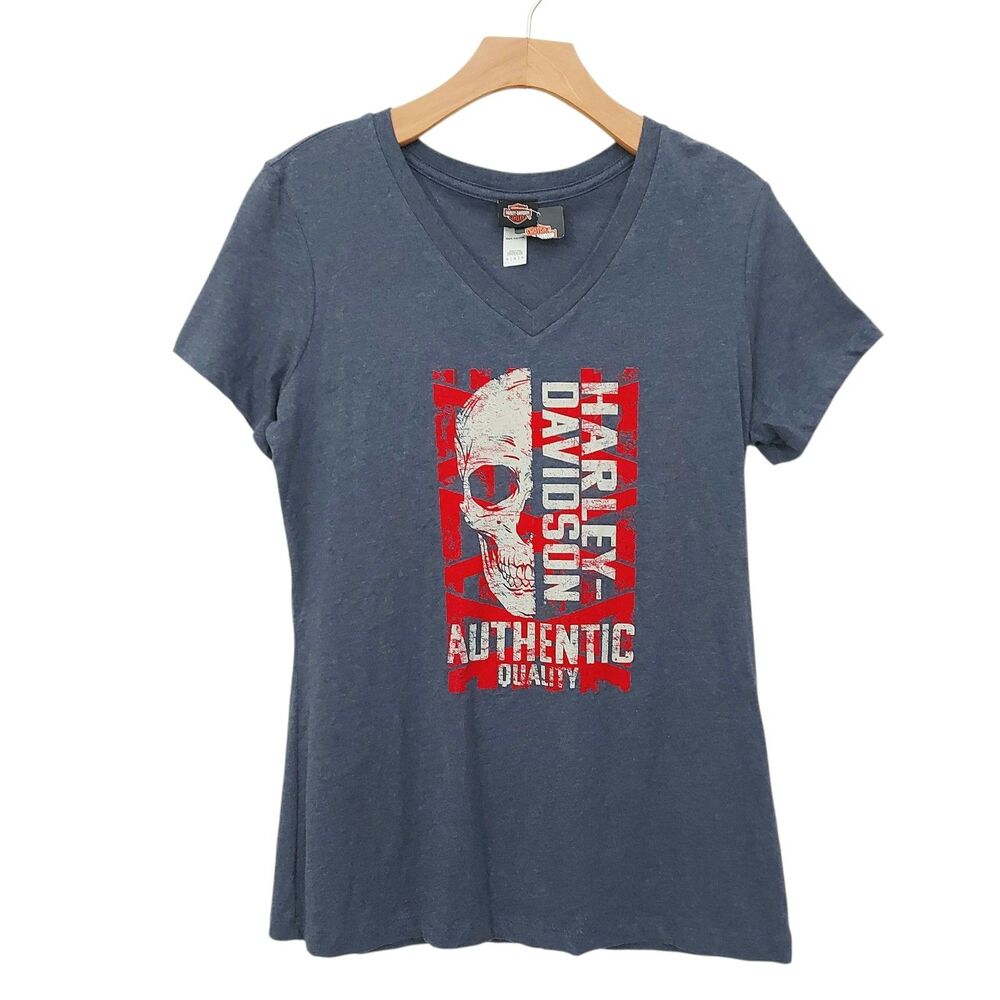 Harley-Davidson T-Shirt Womens Medium Blue Graphic Print V-Neck Biker